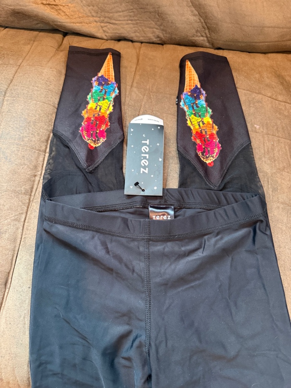 Zara Terez Black Leggings with Rainbow Ice Cream Embroidered Panels